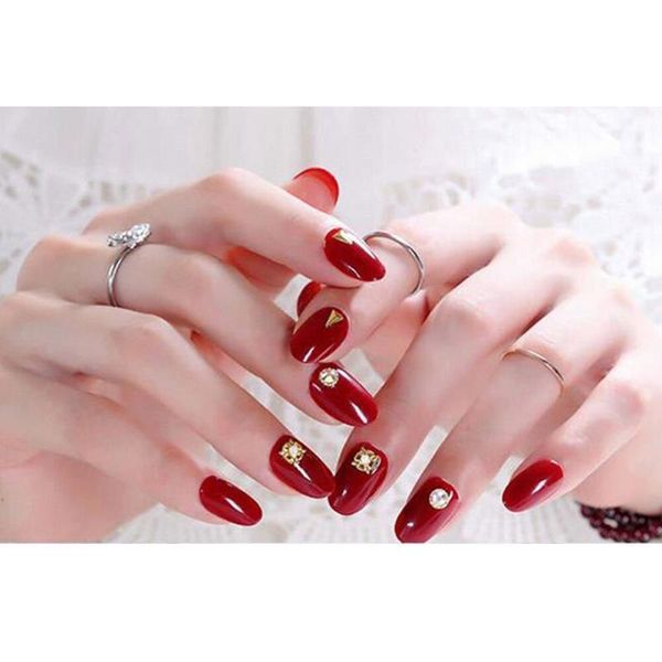 

false nails wearable manicure waterproof piece rhinestone detachable length nail art decoration mh88, Red;gold