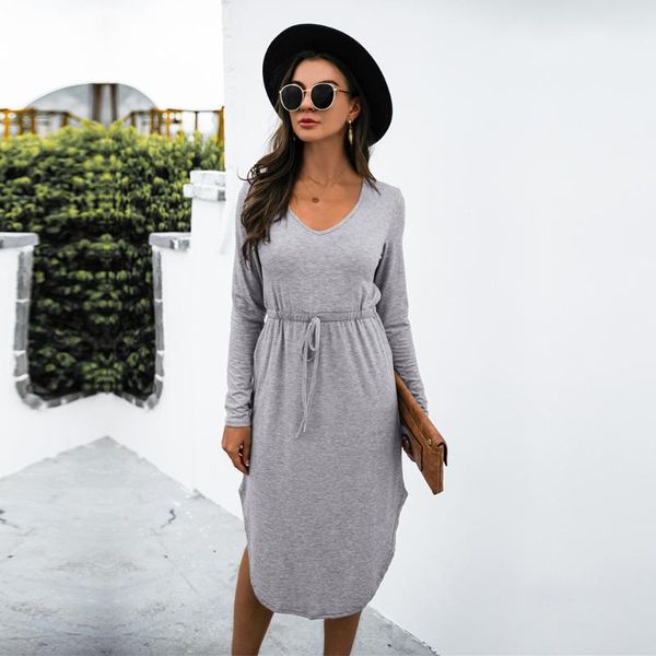 

casual dresses autumn winter solid knit midi dress women 2021 v neck full sleeve lace up ladies knitting party, Black;gray