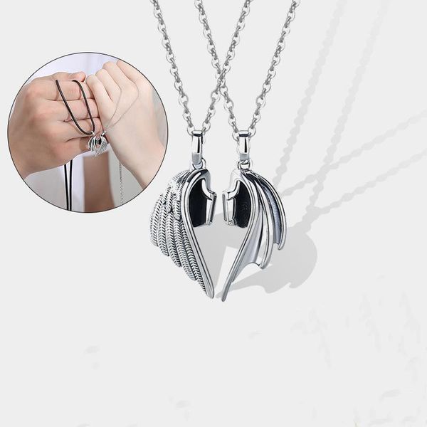 

pendant necklaces 2 pcs punk demon angel wing couple necklace for lovers friend men women gift vintage hip hop sweater clavicle chain jewelr, Silver