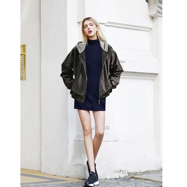 

wind 2021 spring and autumn new large women's fat mm hooded leather jacket, Black