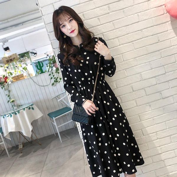 

maternity dresses casual autumn pregnant women dress chiffon one-piece long lady vintage floral printed shirt sleeve polka dot, White