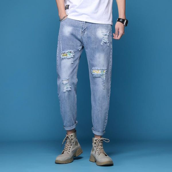 

men's jeans 2021 spring and summer men fashion ripped loose male ankle-length pants straight casual denim, Blue