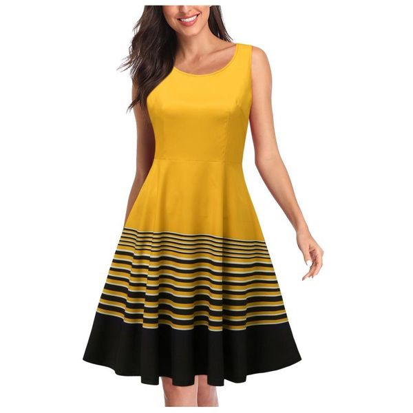 

casual dresses summer vintage dress women elegant a-line party wedding cocktail swing fashion sleeveless striped yellow dailydress, Black;gray