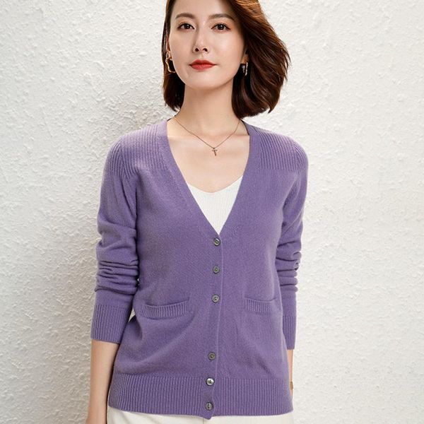 

women's knits & tees 2021 spring autumn style 100%wool cardigan women' all-match pocket cashmere knitted coat jacket large size v-, White