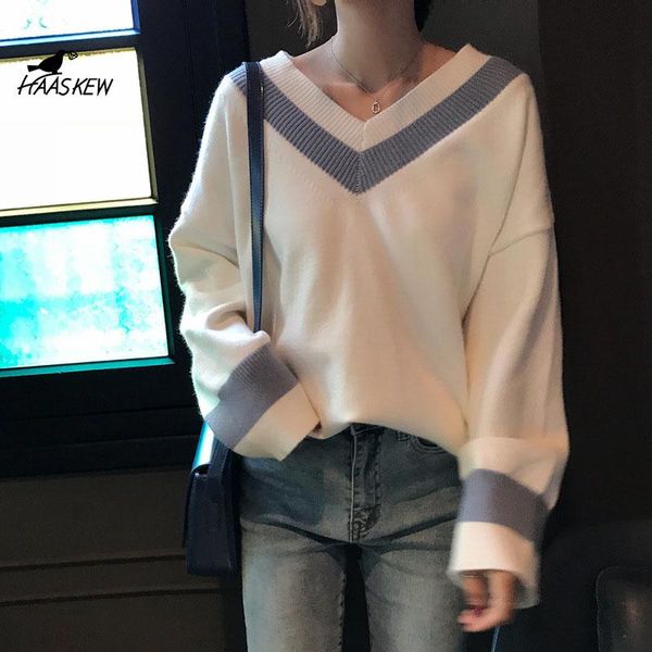 

women's sweaters haaskew ladies sweater v-neck autumn and winter fashion knitted striped printing soft loose long-sleeved casual pullov, White;black