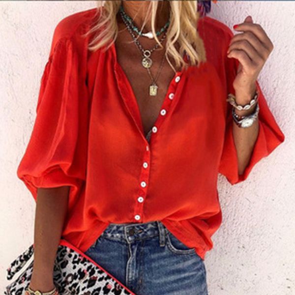 

2021 new women deep v-neck solid shirt casual button long sleeve blouse spring autumn lapel shirts blouses plus rhw5, Black
