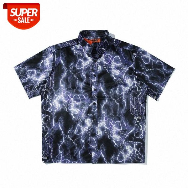 

national lightning printing flow dark black hip hop short sleeve shirt men and women loose couple shirts #9z9i, White;black