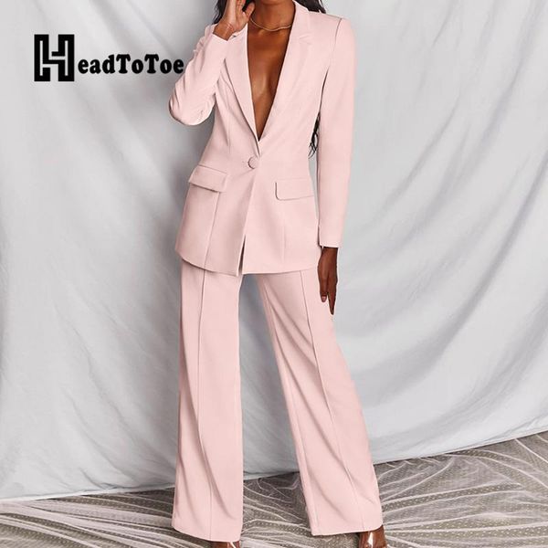 

single button long sleeve blazer & pants set women casual two piece set, White