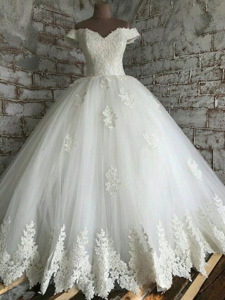 

amazing off shoulder ballgown wedding gown dresses with capped short sleeves lace applique tulle wedding bridal gowns designer, White