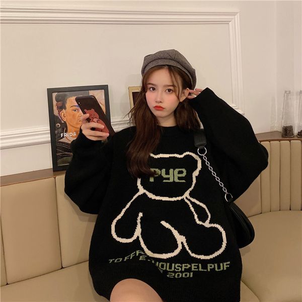 

2021 new autumn and winter loose slim letter college wind mid-length versatile knitted sweater women 5yiy, White;black