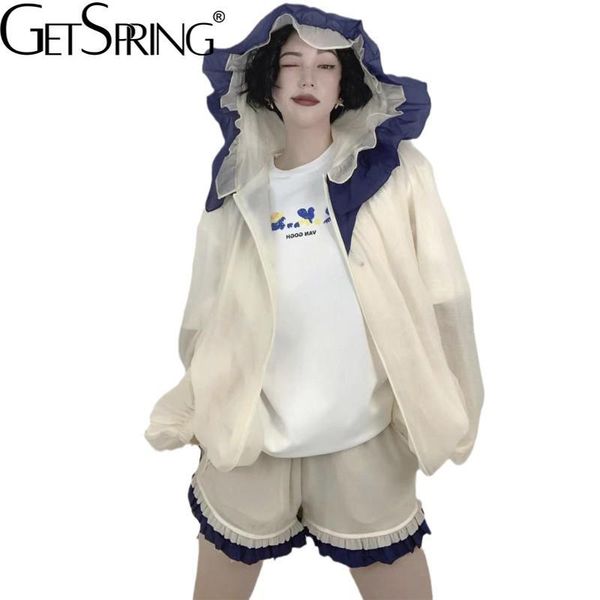 

women's tracksuits getspring women set coat pant hooded ruffle color matching casual high waist short pants woman two-piece suit 20, Gray