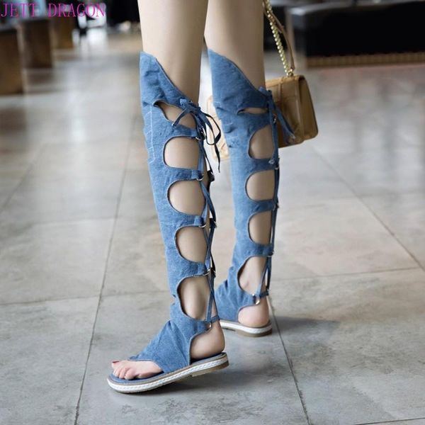 

sandals women flat beach shoes denim clip toe lace up knee high gladiator summer boots jedragon fashion casual black 39