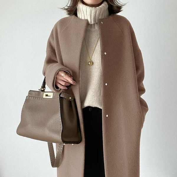 

women's wool & blends long coat jacket full sleeve button women coats woman winter 2021 solid loose outerwear casual overcoat, Black