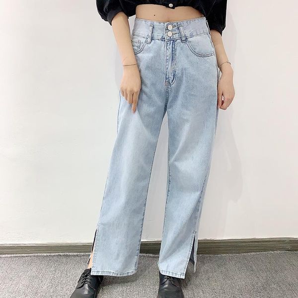 

women's jeans europe 2021 summer thin high waist casual french wide leg pants denim loose bifurcation girl female p97i, Blue