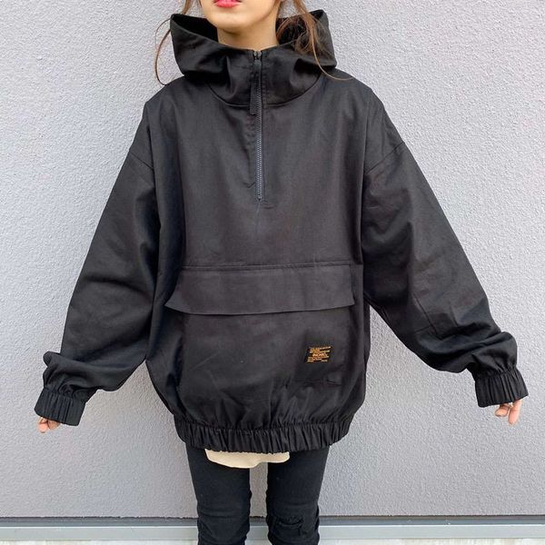 

women solid hoodie cool autumn spring 2020 office ladies loose pullover hooded coat japanese korean causal outwear black