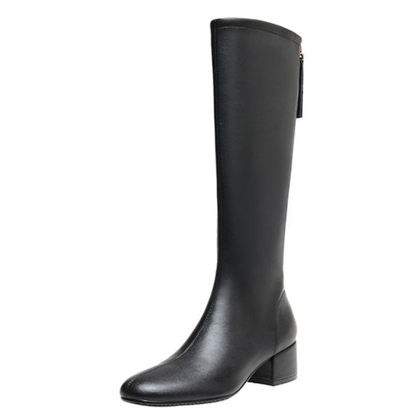 

boots autumn winter leather casual knee-high women flat crude heel 6cm zip ladies shoes short plush lining botas de mujer, Black