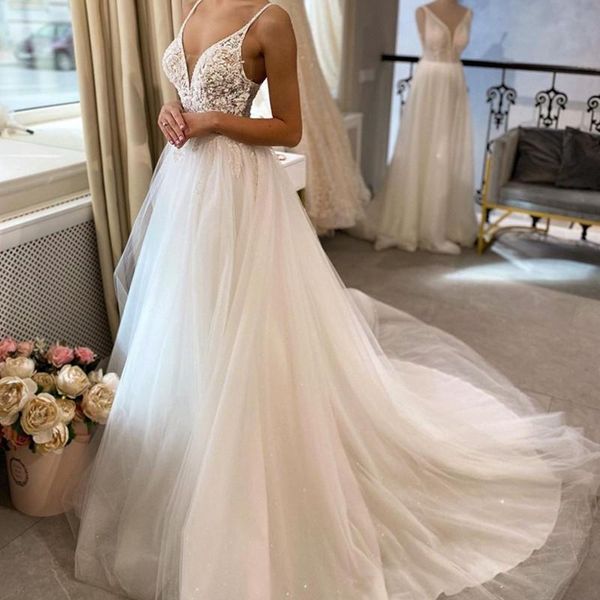 

other wedding dresses lace dress appliques deep v-neck sleeveless spaghetti straps tulle backless bride gown vestidos de noiva 2022, White