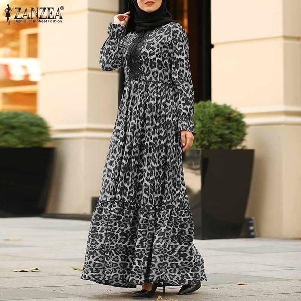 

zanzea autumn long sleeve lace crochet sundress fashion women leopard print maxi long dress casual ruffles vestido kafran robe7, Black;gray