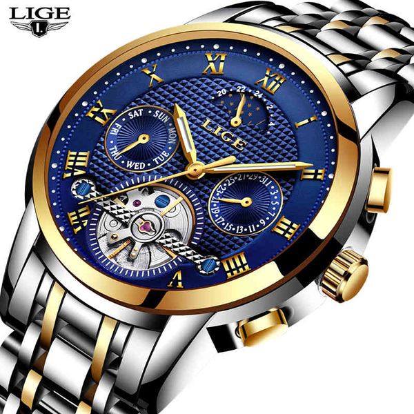 

luxury mark lige2021 new men automatic mechanical watches mr rvs clock business relogio masculino, Slivery;brown