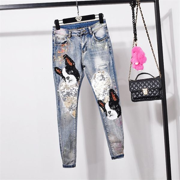 

fashion sequin cartoon dog female short jeans jacket coat pencil pants two piece set women plus size blue denim suit jn4z