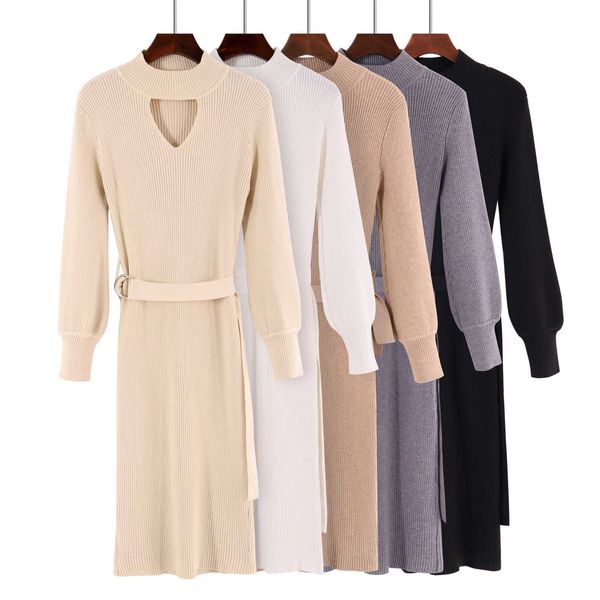 

casual dresses autumn winter knit long women slim bodycon sweater es office lady korean style button with belt rt6q, Black;gray