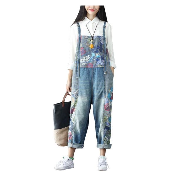 

women's jeans floral printed denim bib overalls loose casual crop coveralls jumpsuits capri blue grey