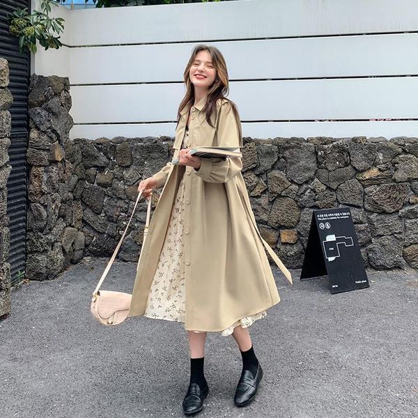 

women's trench coats spring autumn long women coat casual belt khaki loose office lady outerwear fashion, Tan;black