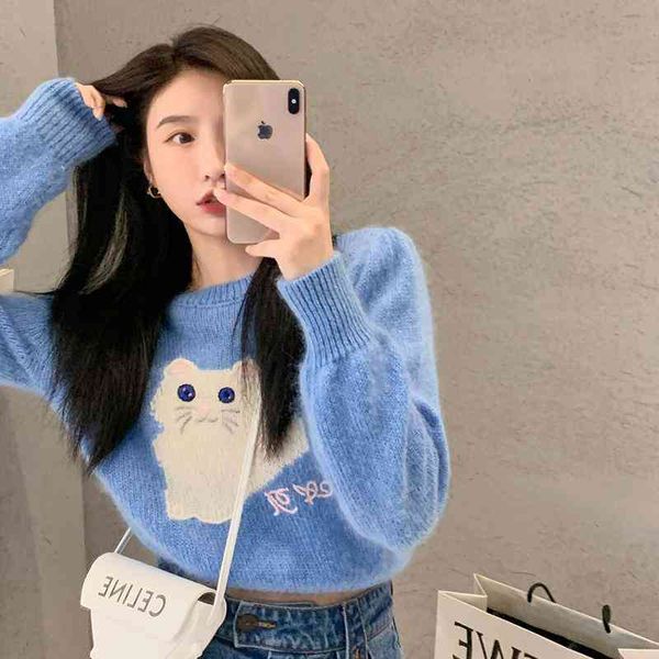 

women's sweaters autumn new loose sweet lazy knit women all-match round neck cartoon cat blue womens sweaters o2ci, White;black