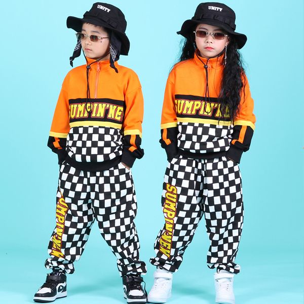 

children long-sleeved hip hop costume suit girls jazz dance wear orange sweatshirt chessboard plaid pants stage outfits vdb2249, Black;red