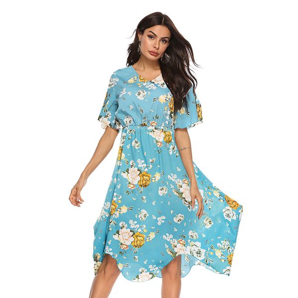 

2020 summer new v-neck chiffon dress vacation seaside beach womens clothing, Black;gray