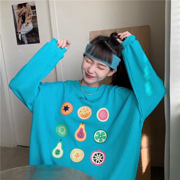 

2021 autumn new loose sweatshirt women's round neck hatless trendy fruit print pullover fashion all-match olow, Black