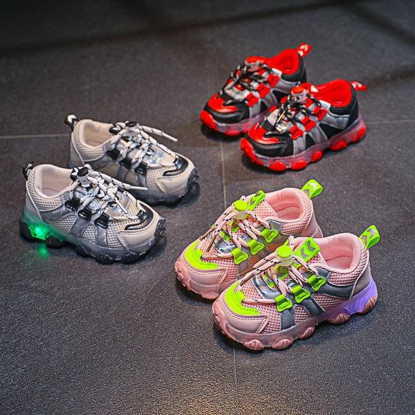 

boots 2021 spring breathable led flashing light korean boys' sports shoes girls' running children, Black;grey