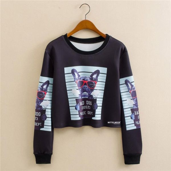 

women's hoodies & sweatshirts lady dog print o neck long sleeve short winter fashion warm cotton female streetwear #4, Black