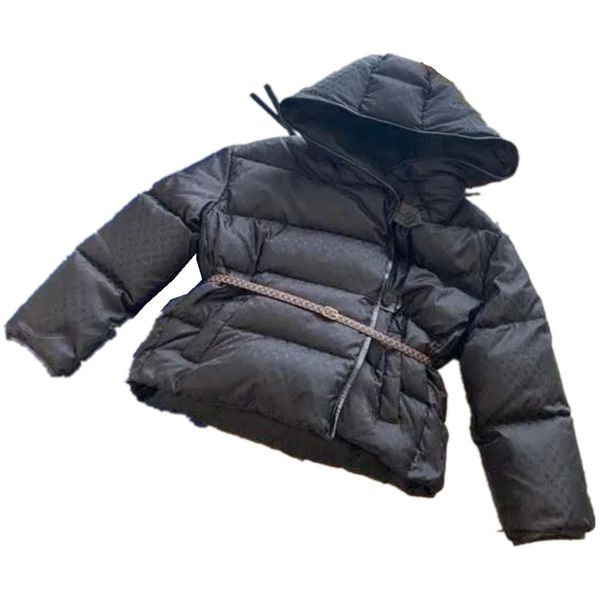 

three size standard down classic flower hooded belt black and white cotton coat