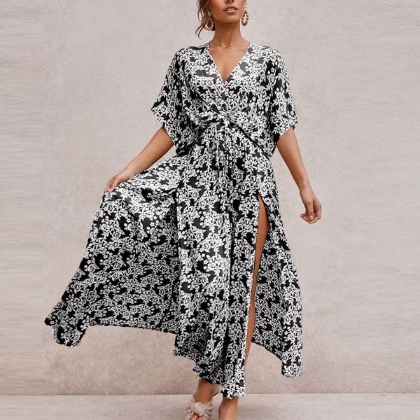 

021 vintage floral print boho dress women split long beach summer dress s3v5, Black