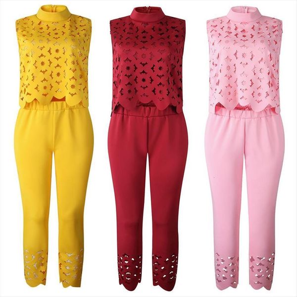 

casual lace hollow sleeveless women tracksuits crop shirt pants office suit halter clothing knitting, Gray