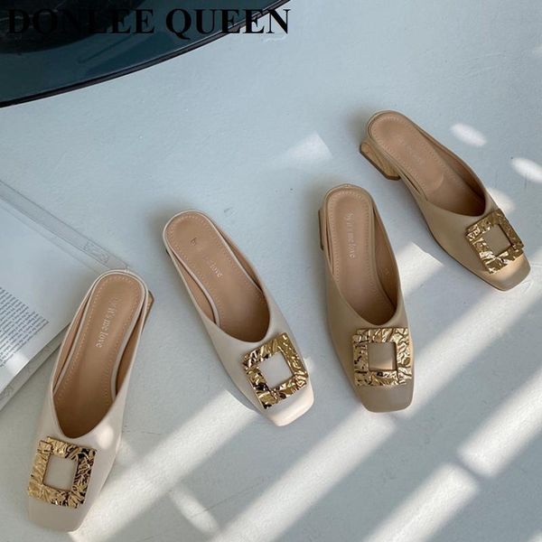 

2021 brand women slippers slip on mule flat casual shoes metal buckle slides wooden block heels spring footwear zapatillas mujer, Black