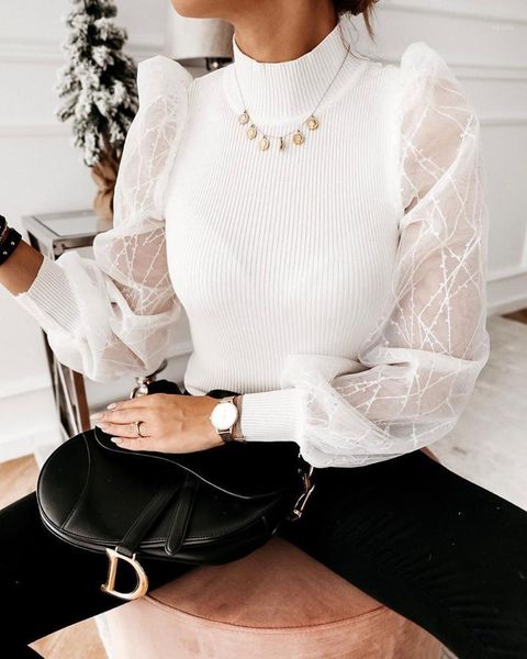 

mesh sequine puff sleeve shirt office lady long blouses high neck black white blouse knit pullover spring sweater women's & shirts