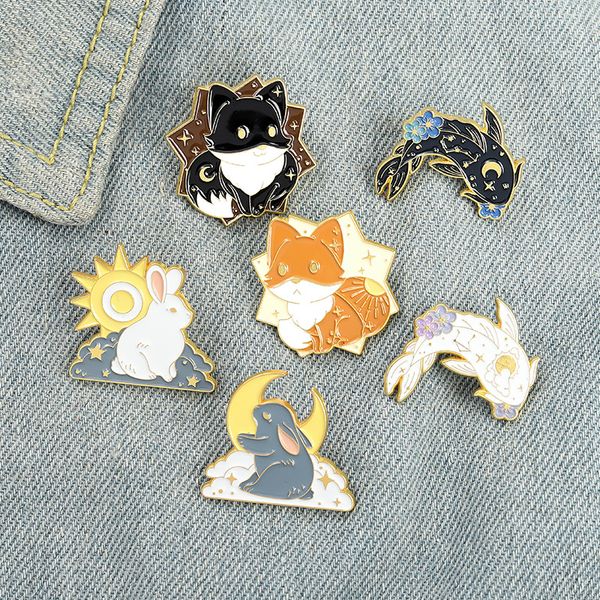 

sun & moon couple animals enamel pins custom fox rabbit fish brooch lapel badge bag cartoon jewelry gift for kid friend, Blue