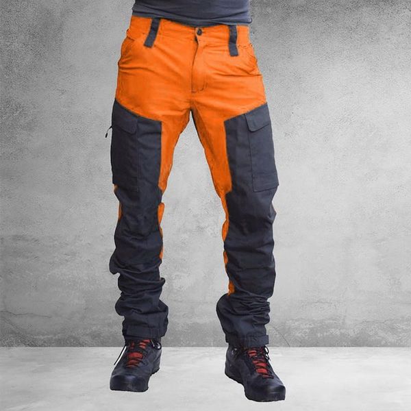 

men's pants casual men fashion color block multi pockets sports long cargo work trousers for outdoor straight pant, Black