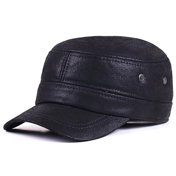 

wide brim hats frosted leather flat military hat men's autumn and winter pigskin warm ear protection cap black brown, Blue;gray