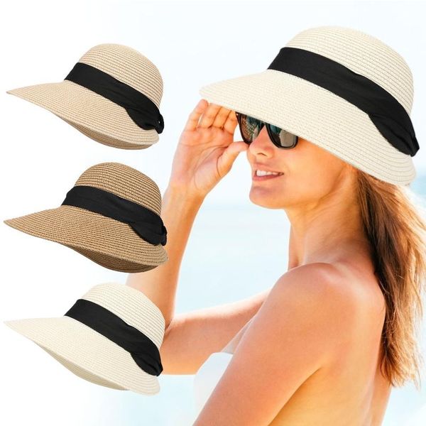 

2021 new foldable wide brim floppy girls straw hat sun hat beach women man summer uv protect travel cap lady cap female, Black