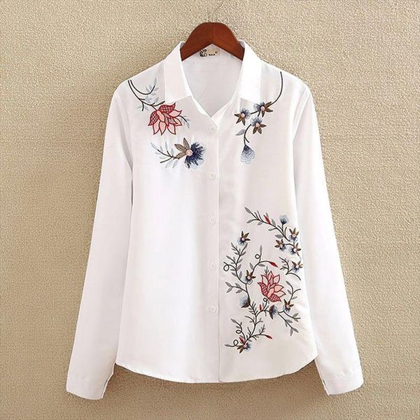 

cotton plus size feather womens shirts embroidery white long sleeve art loose ladies office work button down