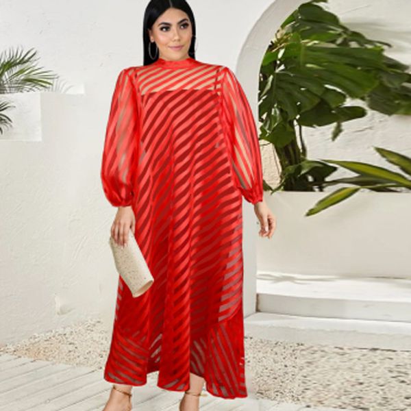 

3xl 4xl plus long african size dress maxi turtleneck see through knitted daily africa night party dresses plied for women r74q, Red