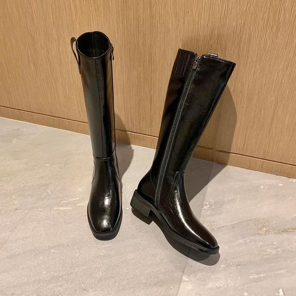 

boots mezereon cow leather motorcycle square toe fashion riding equestrian med heel 4 cm warm winter shoes with zip, Black