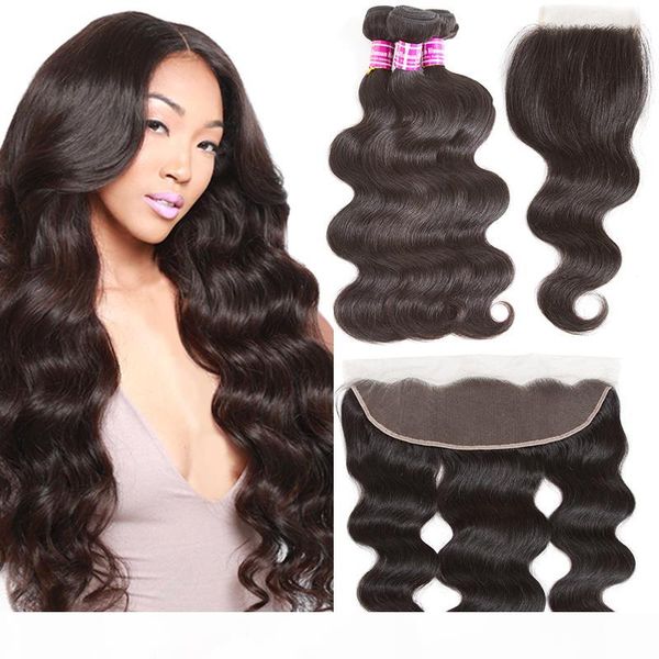 

brazilian virgin hair bundles with frontal body wave wet and wavy human hair weaves with closure hair accessories extensions wefts, Black;brown