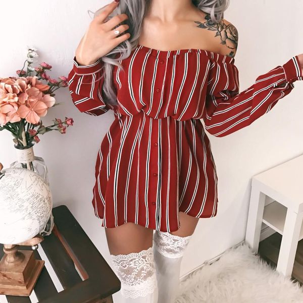 

2021 new autumn off the shoulder striped shirt women long sleeve slash neck mini female a line party club vestidos of6g, Black;gray