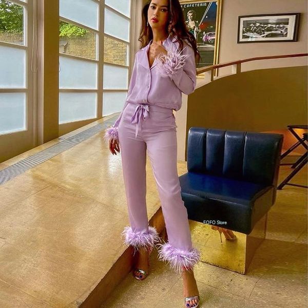 

women's two piece pants women elegant turn-down collar button +lady sets casual long sleeve spring suit fashion homewear outfit, White