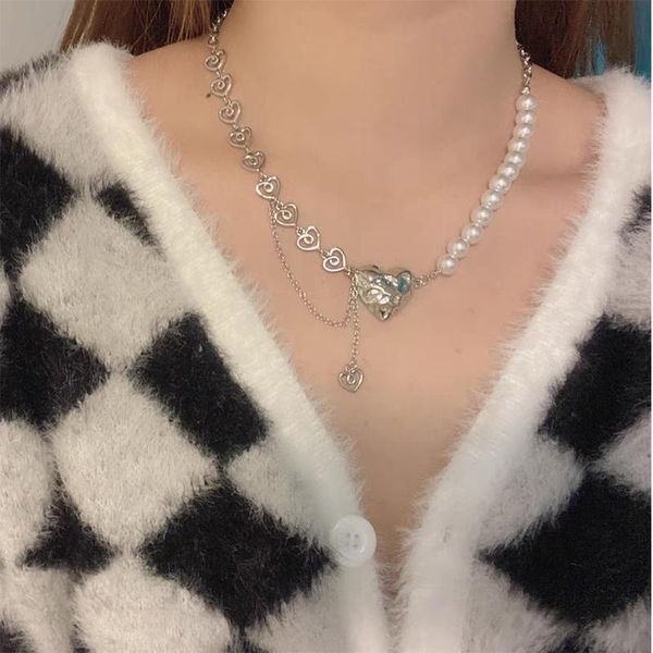 

pendant necklaces korean style pearl choker for women long chain heart statement jewelry, Silver