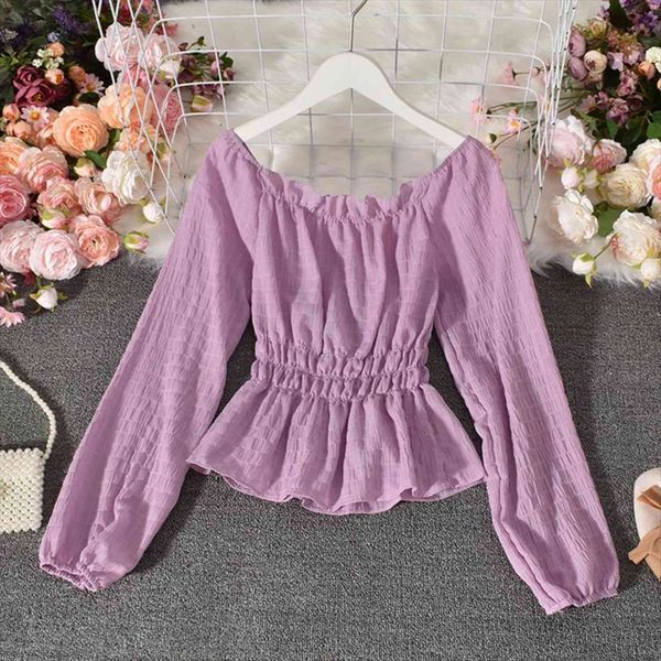 

korean off shoulder slash neck womens shirts elastic waist slim fit solid color blusas clothing women casual ins, White
